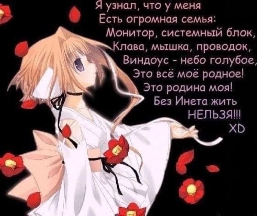 что у меня Есть огромная семья: Монитор, системный блок, Клава, мышка, проводок, Виндоус небо голубое, Это всё моё родное! это родина моя! Без Инета жить НЕЛЬЗЯ!! К а