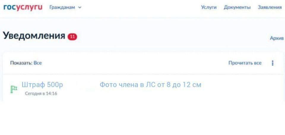 rocycnyru Гражданам Услуги Документы Заявления Уведомления Архив Показать: Все Прочитать все Штраф Фото члена в от $8 до 12 Сегодня в 14:16
