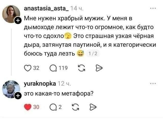 anastasia_asta_ 14 4. Мне нужен храбрый мужик. У меня в дымоходе лежит что-то огромное, как будто что-то Это страшная узкая чёрная дыра, затянутая паутиной, и я категорически боюсь туда лезть 1/2 yura