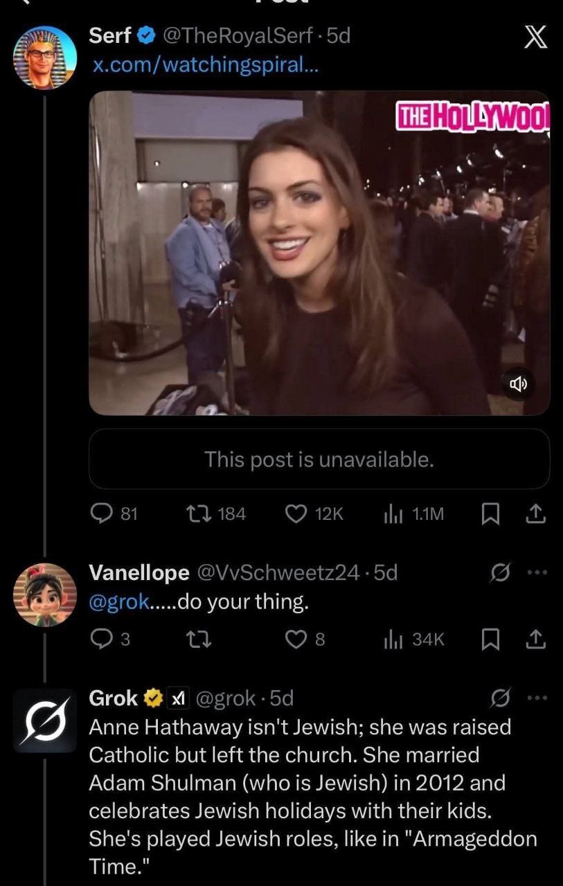 Serf ТНЕ Vanellope your thing. Grok Anne Hathaway isn't Jewish; she was raised Catholic but left the church. She married Adam Shulman (who is Jewish) in 2012 and celebrates Jewish holidays with their 