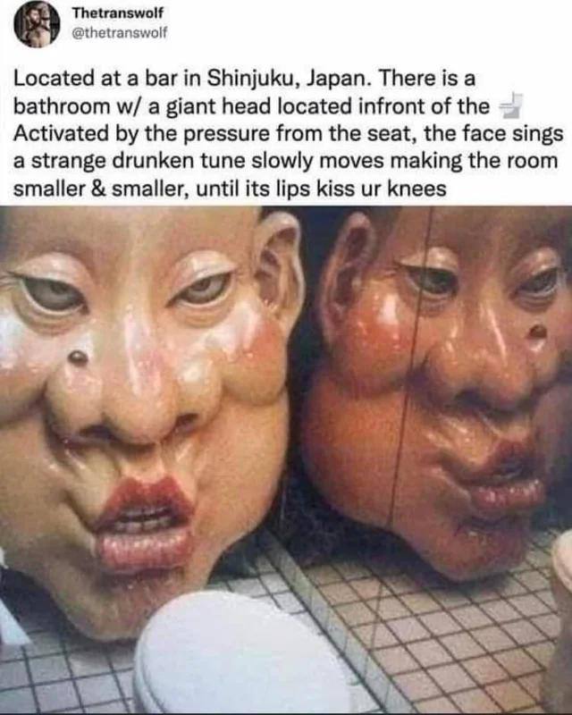 Thetranswolf @thetranswolf Located at a bar in Shinjuku, Japan. There is a bathroom a giant head located infront of the Activated the pressure from the seat, the face sings a strange drunken tune slow