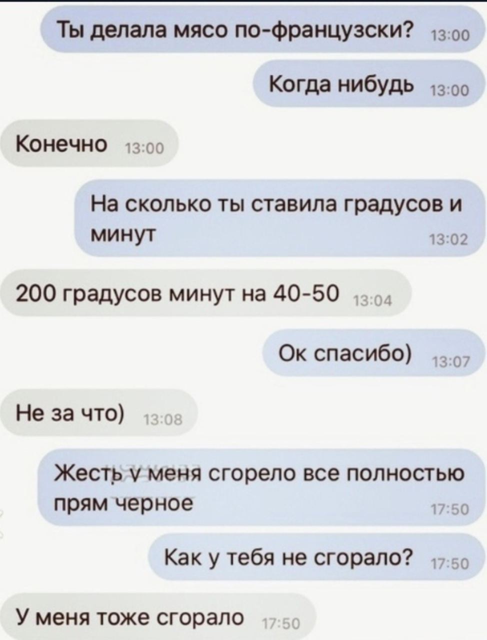 Ты делала мясо по-французски? Когда нибудь Конечно 13:00 На сколько ты ставила градусов и минут 13:02 200 градусов минут на 40-50 спасибо) Не за что) Жесть у меня сгорело все полностью прям черное 17: