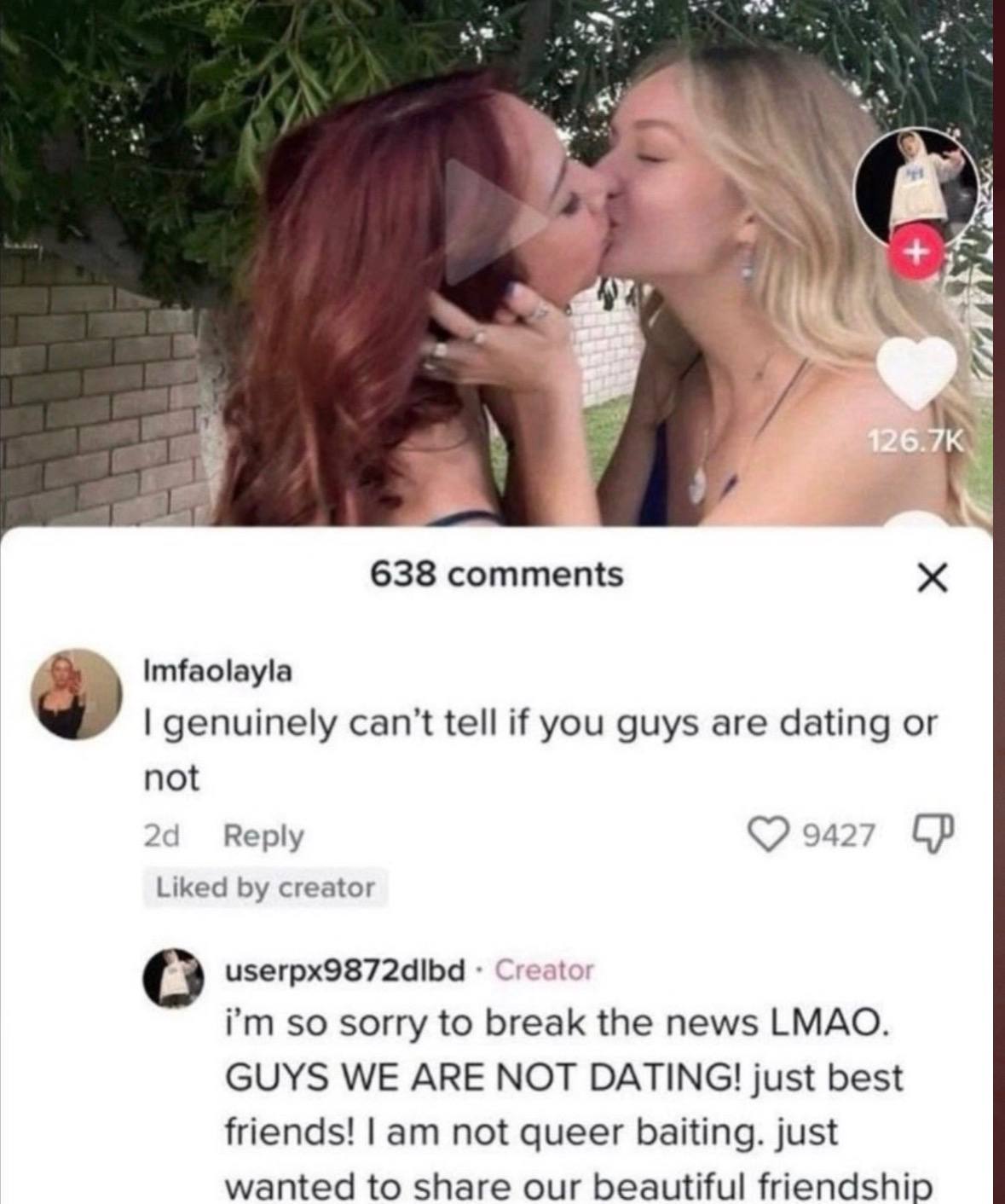 3 4 i 638 comments Imfaolayla genuinely can’t tell if you guys are dating or not 24 Веру 9427 Liked creator userpx9872dlbd Creator so sorry to break the news LMAO. GUYS WE ARE NOT DATING! just best fr