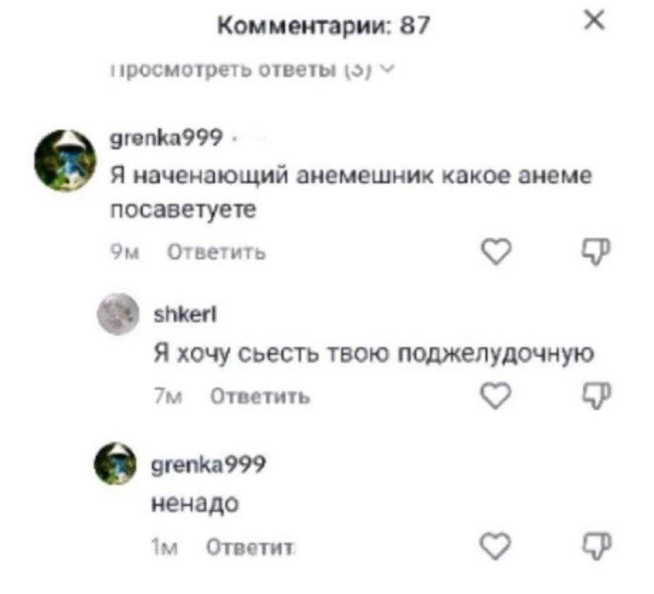 Комментарии: 87 ответы (5) Я наченающий анемешник какое анеме посаветуете Ответить Я хочу съесть твою поджелудочную Ответить ненадо Ответит