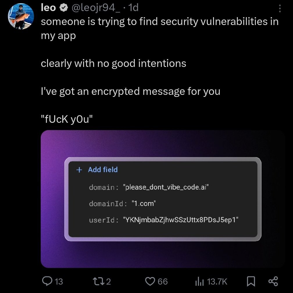 leo @leojr94_- someone is trying to find security vulnerabilities in my app clearly with no good intentions I've got an encrypted message for you "fUcK yOu" Add field domain: "please_dont_vibe_code.ai