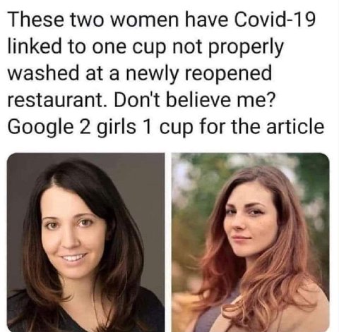 These two women have Covid-19 linked to one cup not properly washed at a newly reopened restaurant. Don't believe me? Google 2 girls 1 cup for the article