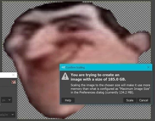 А You are trying to create image with a size of 185.0 Scaling the imaae the chosen size will таке it use more у memory than what is configured as “Maximum image Size" in the Preferences 134.2