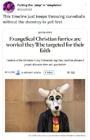 Putting the 'simp' 'зипр!ефоп' сочакзм This timeline just keeps throwing curveballs without the decency to yell first LGBTQ NEWS Evangelical Christian furries are worried be targeted for their faith L