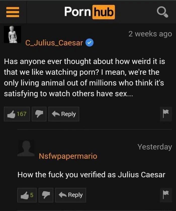 Porn Has anyone ever thought about how мена It Is that we like watching porn? mean, we're the only living animal out of millions who think it’s satisfying to watch others have sex... Reply How the fuc