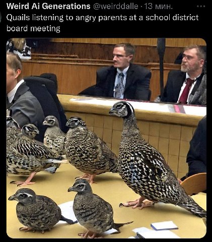 Weird Generations @weirddalle 13 мин Quails listening to angry parents at a school district board meeting рта <2) a>