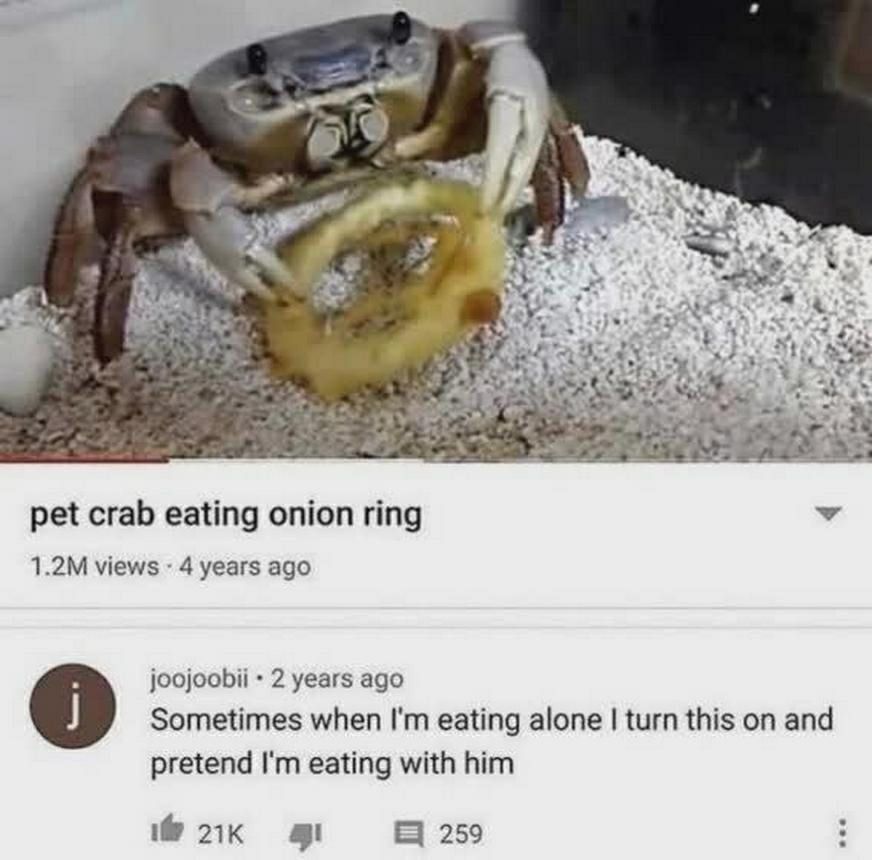 A pet crab eating onion ring У views 4 years ago joojoobii 2 years ago Sometimes when eating alone turn this on and pretend eating with him 259
