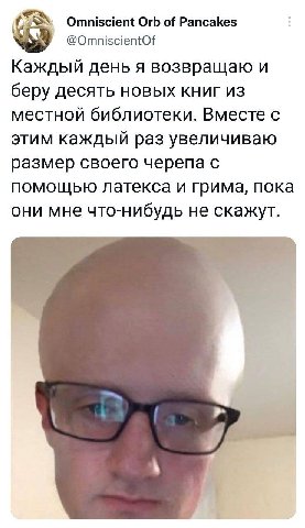 Omniscient Orb of Pancakes @OmniscientOf Каждый день я возвращаю и беру десять новых книг из местной библиотеки. Вместе с этим каждый раз увеличиваю размер своего черепа с помощью Латекса и грима, пок