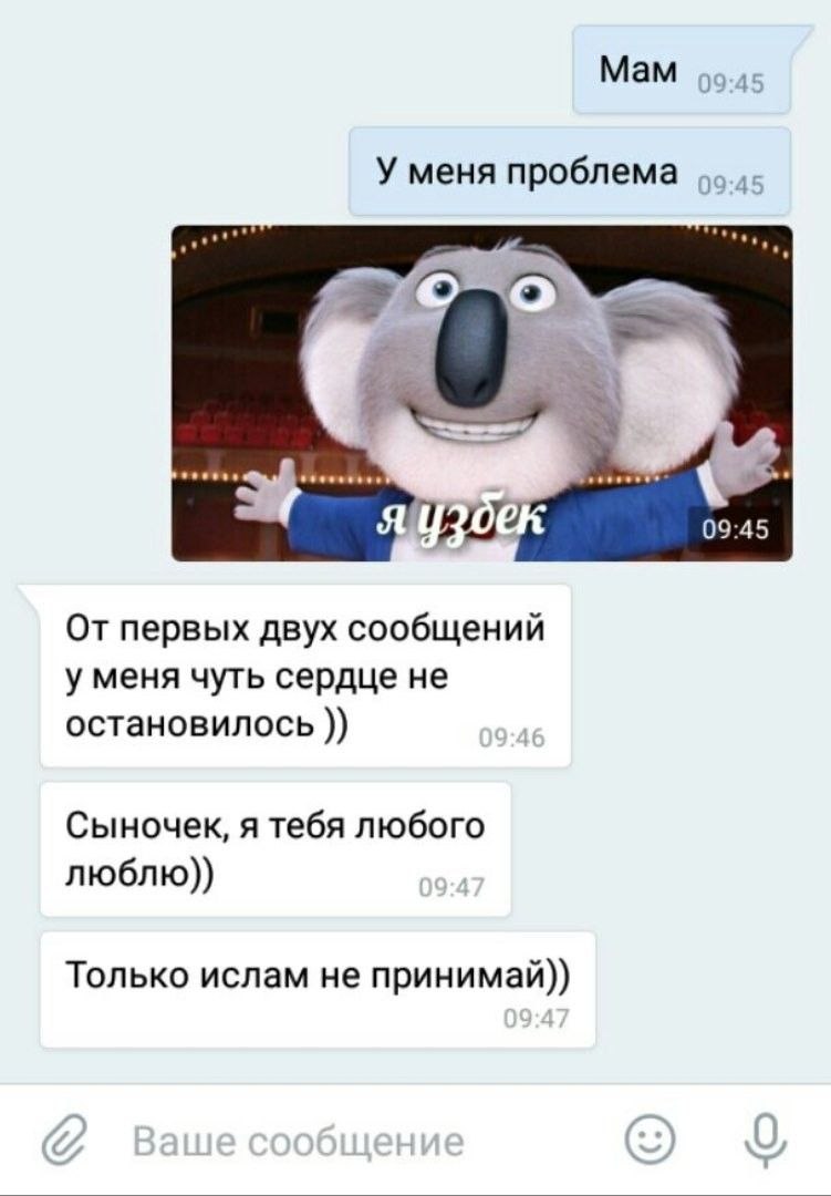 Мам У меня проблема 09:45 От первых двух сообщений у меня чуть сердце не остановилось Сыночек, я тебя любого люблю)) Только ислам не принимай))
