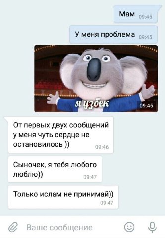 Мам У меня проблема 09:45 От первых двух сообщений у меня чуть сердце не остановилось Сыночек, я тебя любого люблю)) Только ислам не принимай))