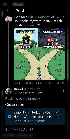 Post Elon Musk my word for it, just ask the Australian о. PROPAGANDA 1 {133.3К KneelixBestBudz @KneelixBestBudz Replying to @elonmusk Cis person Visibility limited: this Post may violate rules against