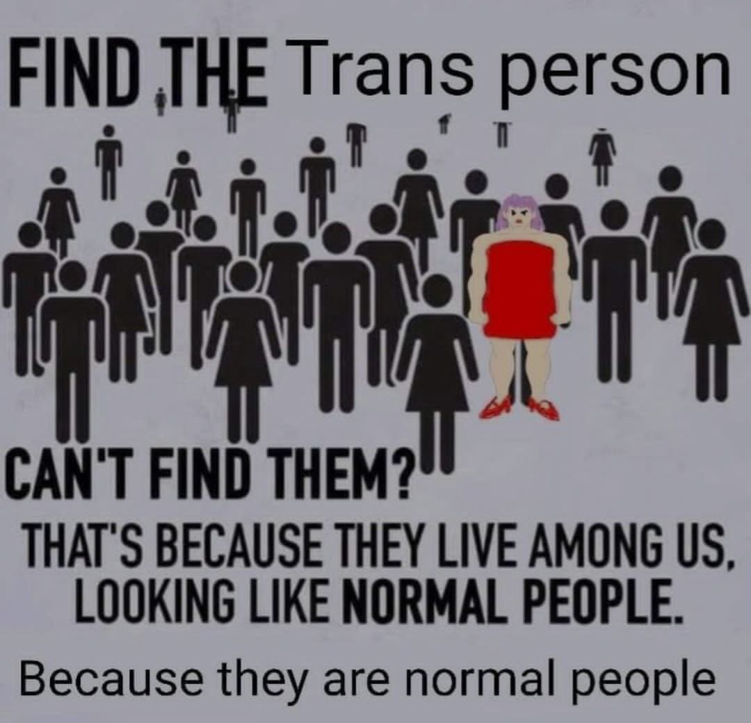 FIND THE Trans person у CAN'T FIND THEM? THAT'S BECAUSE THEY LIVE AMONG LOOKING LIKE NORMAL PEOPLE. Because they are normal people