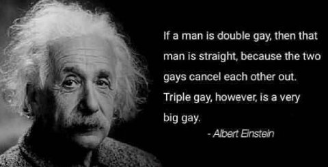 man is double gay, then that man is straight, because the two gays cancel each other out. Triple gay, however, is a very big gay. Albert Einstein