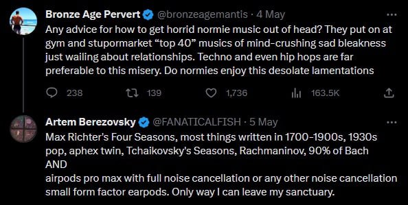 Bronze Age Pervert Any advice for how to get horrid normie music out of head? They put on at сут and stupormarket “top 40” musics of mind-crushing sad bleakness just wailing about relationships. Techn