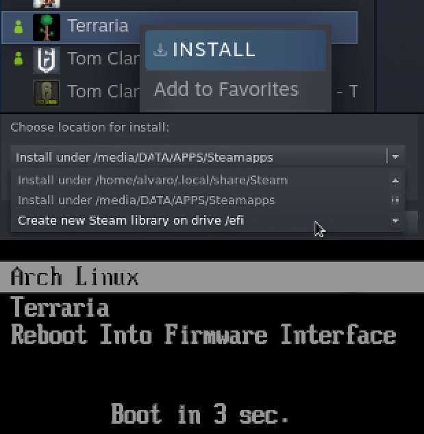 Terraria В Tom саг INSTALL Tom Clar Add to Favorites =a Choose location for install: Install under under Install under Create new Steam library on drive Terraria Reboot Into Firmware Interface Boot in