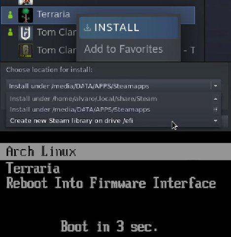 Terraria В Tom саг INSTALL Tom Clar Add to Favorites =a Choose location for install: Install under under Install under Create new Steam library on drive Terraria Reboot Into Firmware Interface Boot in