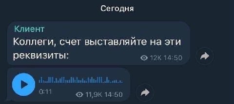 Сегодня Клиент Коллеги, счет выставляйте на эти реквизиты: 0:11