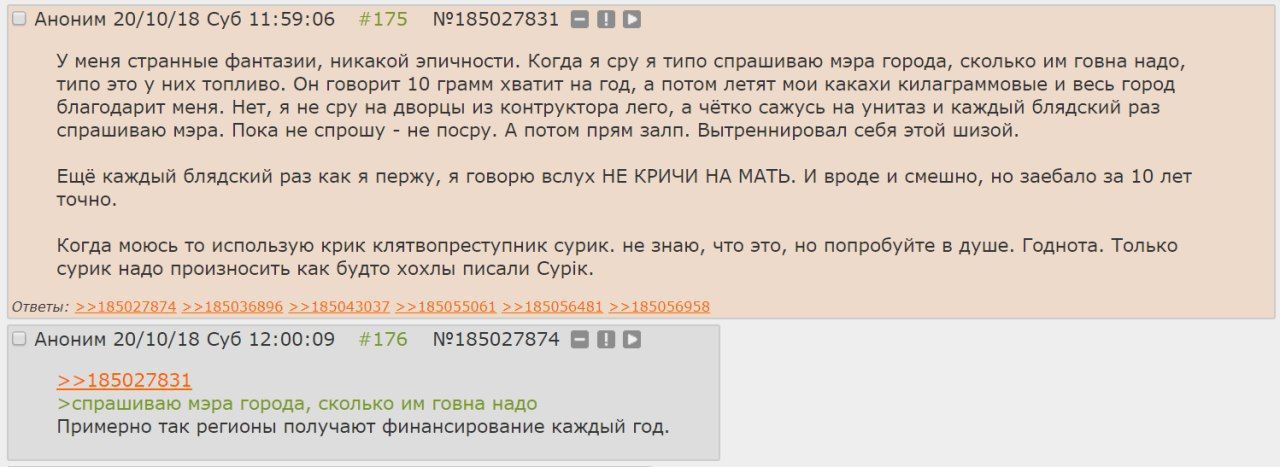Аноним 20/10/18 Суб 11:59:06 #175 №185027831 У меня странные фантазии, никакой эпичности. Когда я сру я типо спрашиваю мэра города, сколько говна надо, типо это у них топливо. Он говорит 10 грамм хват