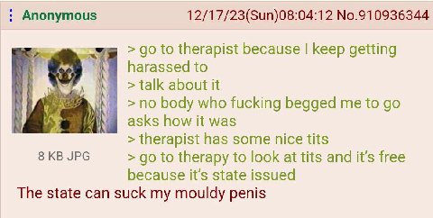 Anonymous 12/17/23(Sun)08:04:12 No.910936344 to therapist because keep getting harassed to talk about it no body who fucking begged me to asks how К was therapist has some nice tits 8 JPG to therapy t