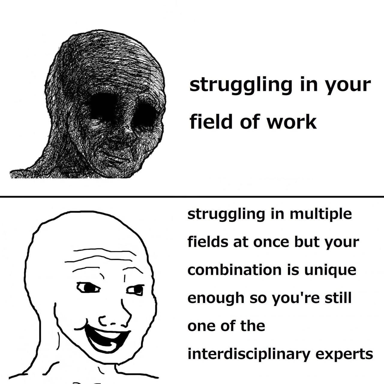 struggling in your field of work struggling in multiple fields at once but your a. combination is unique enough so you're still one of the interdisciplinary experts