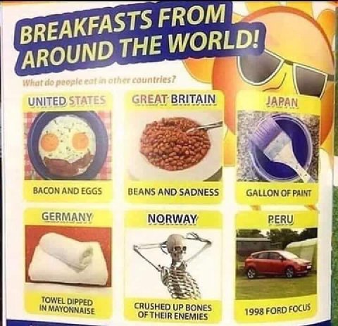 FROM BREAKFA AROUND SREAT BRITAIN NITED STA JAPAN 4 BACON AND BEANS AND SADNESS GALLON OF PAINT СЕВМАМУ NORWAY PERU TOWEL DIPPED IN MAYONNAISE CRUSHED UP OF THEIR ENEMIES 1998 FORD FOCUS