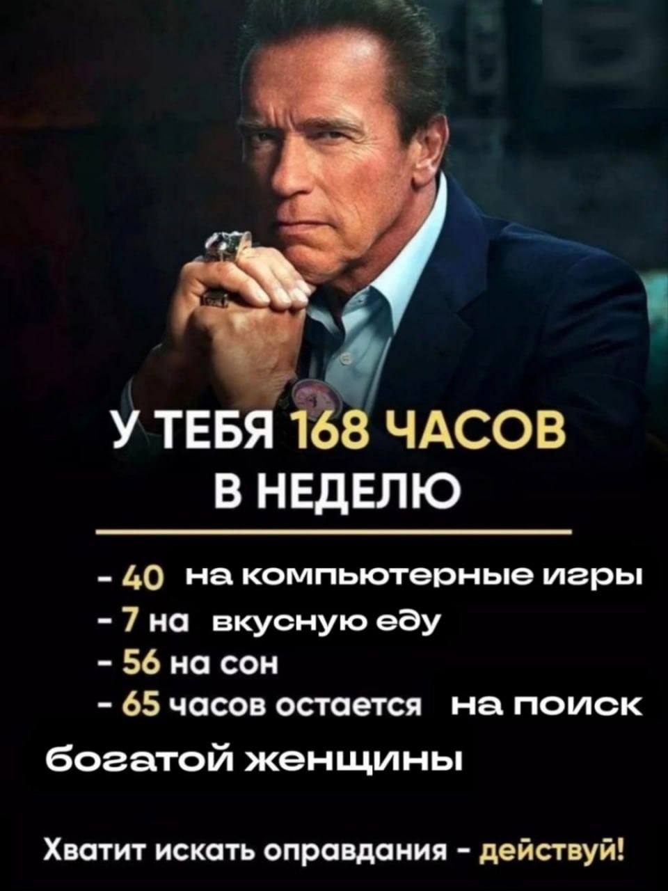 У ТЕБЯ 168 ЧАСОВ В НЕДЕЛЮ 40 на компьютерные игры -7на вкусную еду 56 на сон 65 часов остается на помск богатой женщины Хватит искать оправдания действуй!