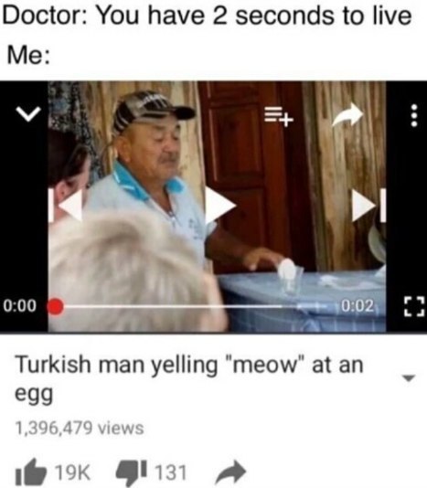 Doctor: You have 2 seconds to live Me 0:00 Turkish man yelling "meow" at