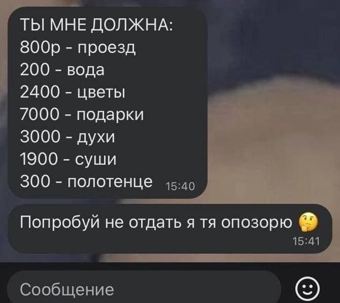 ТЫ МНЕ ДОЛЖНА: ЗООр проезд 200 вода 2400 цветы 7000 подарки 3000 духи 1900 суши 300 полотенце Попробуй не отдать я опозорю Сообщение