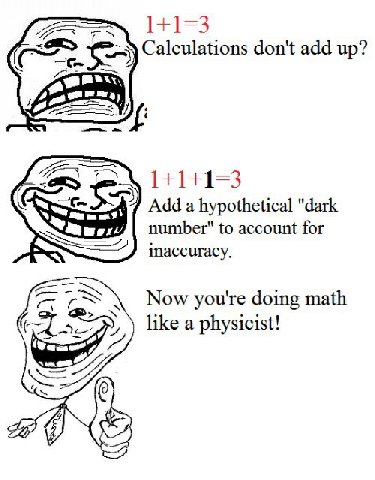 1+1 Calculations don't add up? Add a hypothetical "dark number" to account for inaccuracy. Now you're doing math like a physicist! 27)