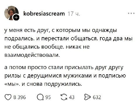 kobresiascream у меня есть друг, с которым мы однажды подрались. и перестали общаться. года два мы не общались вообще. никак не взаимодействовали. а потом просто стали присылать друг другу рилзы с дер