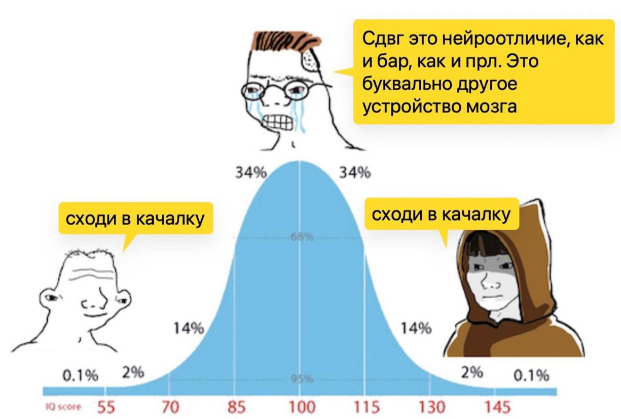 Сдвг это нейроотличие, как и бар, как и прл. Это буквально другое устройство мозга 34% 34% сходи в качалку сходи в качалку 14% 14% 0.1% 2% 2% 0.1% score 55 70 85 100 115 130 145