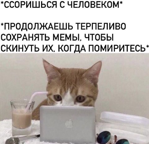 *ССОРИШЬСЯ С ЧЕЛОВЕКОМ* *ПРОДОЛЖАЕШЬ ТЕРПЕЛИВО СОХРАНЯТЬ МЕМЫ, ЧТОБЫ СКИНУТЬ КОГДА ПОМИРИТЕСЬ*