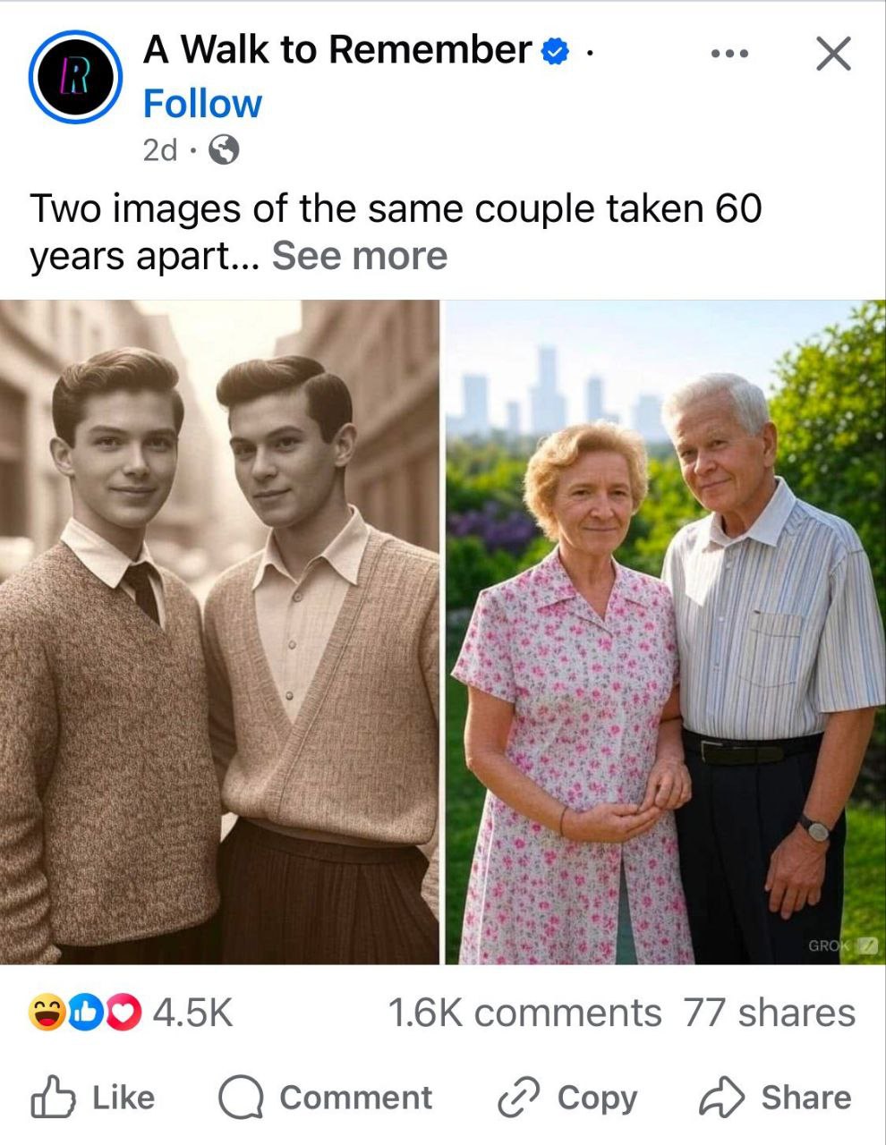 A Walk to Remember Follow Two images of the same couple taken 60 years apart... See more comments 77 shares Like Comment Copy А» Share