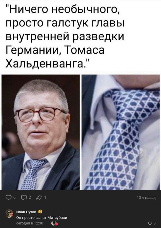 "Ничего необычного, просто галстук главы внутренней разведки Германии, Tomaca Хальденванга." 2 ask 4 У Иван Сухой Он просто фанат Митсубиси