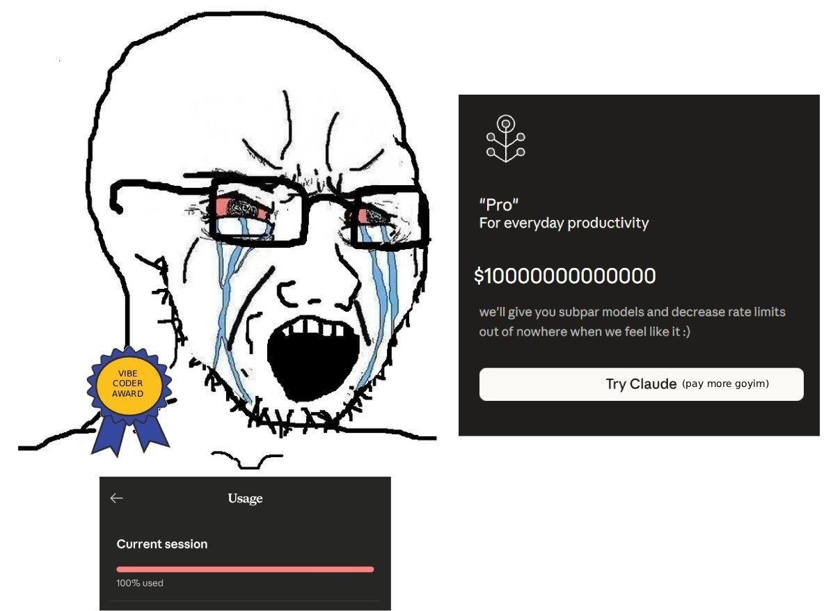 he For everyday productivity $10000000000000 we'll give you subpar models and decrease rate limits out of nowhere when we feel like it МВЕ AWARD CODER Usage Current session 100% used