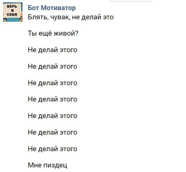 Бот Мотиватор я Блять, чувак, не делай это Ты ещё живой? Не делай этого Не делай этого Не делай этого Не делай этого Не делай этого Не делай этого Не делай этого Мне пиздец
