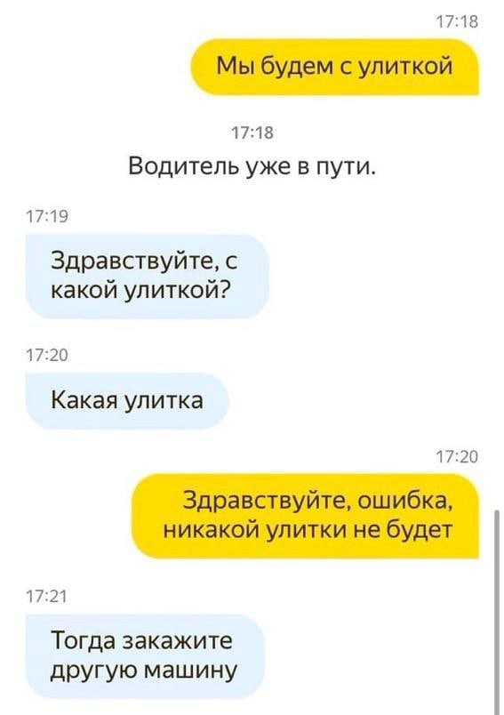 17:18 Мы будем с улиткой 17:18 Водитель уже в пути. 17:19 Здравствуйте, с какой улиткой? 17:20 Какая улитка 17:20 Здравствуйте, ошибка, никакой улитки не будет 17:21 Тогда закажите другую машину