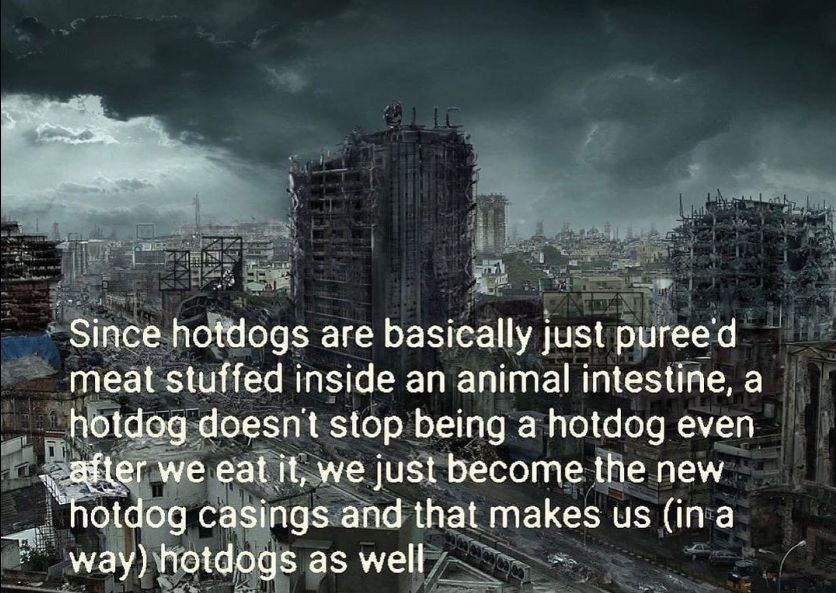 Since hotdogs are basically just meat stuffed inside an animal intestine, a hotdog doesnt stop being a hotdog even we eat it, we just become the new hotdog casings and that makes мау) hotdogs as well