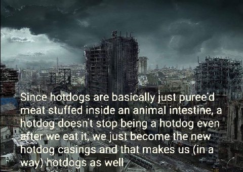 Since hotdogs are basically just meat stuffed inside an animal intestine, a hotdog doesnt stop being a hotdog even we eat it, we just become the new hotdog casings and that makes мау) hotdogs as well