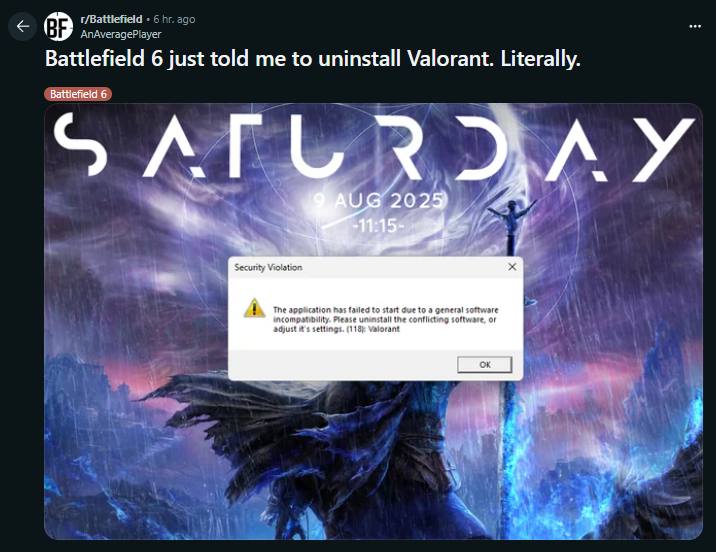 Battlefield told me to uninstall Valorant. Literaily. Battlefield 6 5 ЛГИ 3 20 Security Violation The nas farled to Яап tod Pease Ine OF vatorant