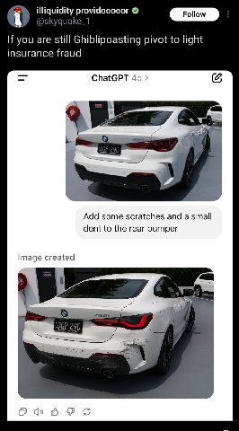 i providooooor Follow If you are still Ghiblipoasting pivot to light insurance fraud ChatGPT 4 Add some scratches and а small dent to the rear bumper Image created VOr О о к