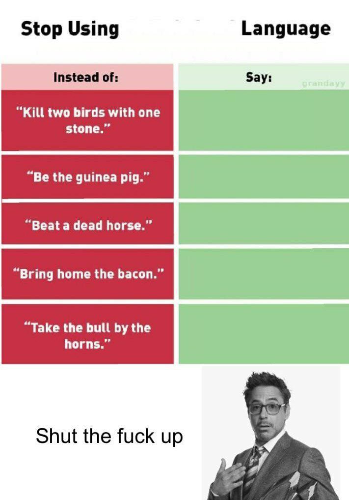 Stop Using Language Instead of: Say: ‘Kill two birds with one stone.” “Be the guinea pig.” “Beat a dead horse.” “Take the bull the horns.” Shut the fuck up я