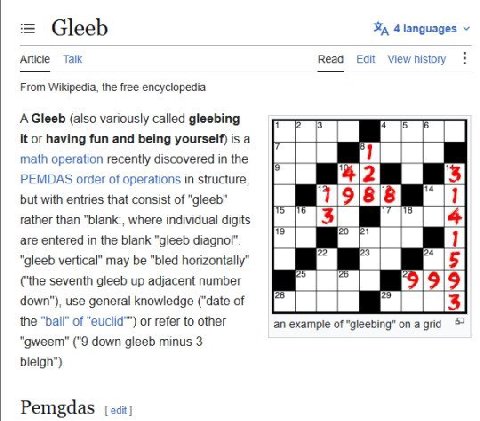 Gleeb Article Так Read Edit Viewhistory From Wikipedia, the free encyclopedia A Gleeb (also variously called gleebing it or having fun and being yourself) is a math operation recently discovered in th