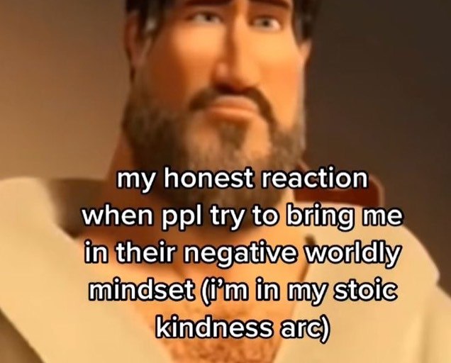 my honest reaction when ppl try to bring me in their negative worldly mindset in my stoic kindness arc)