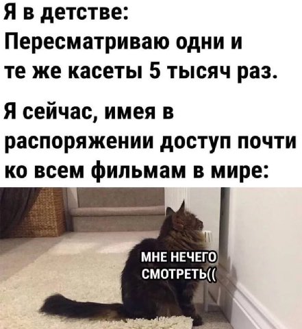 Я в детстве: Пересматриваю одни и же касеты 5 тысяч раз. Я сейчас, имея в распоряжении доступ почти всем фильмам в мире: МНЕ НЕЧЕГО СМОТРЕТЬ((
