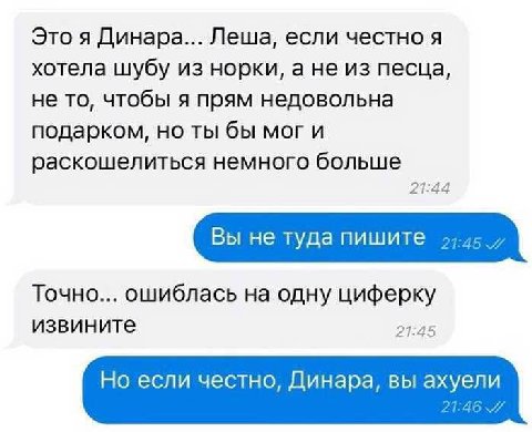 Это я Динара... Леша, если честно я хотела шубу из норки, а не из песца, не то, чтобы я прям недовольна подарком, но ты бы мог и раскошелиться немного больше 21:44 Вы не туда пишите 97-45, Точно... ош